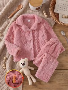 Girls' Pink Double-Sided Fleece Diamond Jacquard Open Front Lapel Collar Autumn/Winter Plush Casual Loungewear Set - Pink - View 11