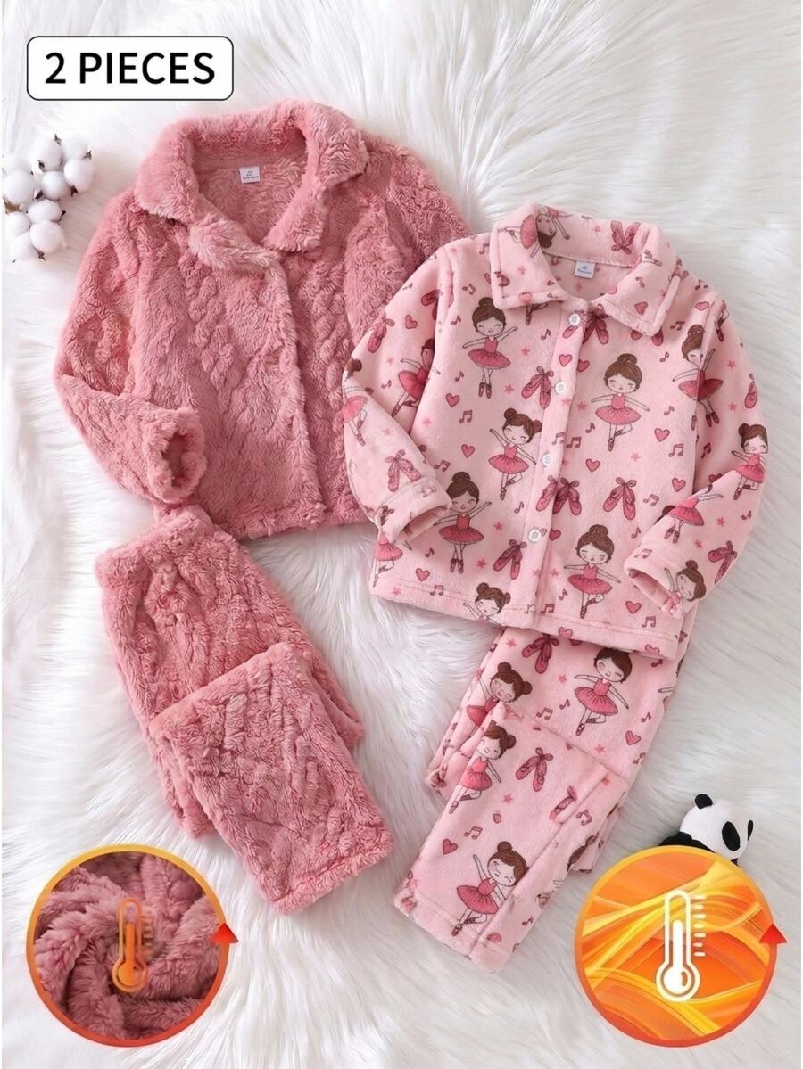 Girls' Pink Double-Sided Fleece Diamond Jacquard Open Front Lapel Collar Autumn/Winter Plush Casual Loungewear Set - Pink - View 1