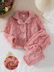Girls' Pink Double-Sided Fleece Diamond Jacquard Open Front Lapel Collar Autumn/Winter Plush Casual Loungewear Set - Pink - View 4