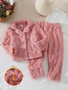Girls' Pink Double-Sided Fleece Diamond Jacquard Open Front Lapel Collar Autumn/Winter Plush Casual Loungewear Set - Pink - View 3