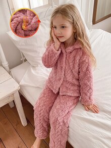 Girls' Pink Double-Sided Fleece Diamond Jacquard Open Front Lapel Collar Autumn/Winter Plush Casual Loungewear Set - Pink - View 6