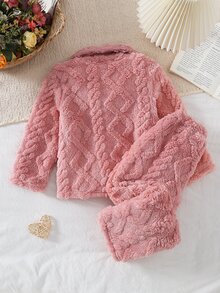 Girls' Pink Double-Sided Fleece Diamond Jacquard Open Front Lapel Collar Autumn/Winter Plush Casual Loungewear Set - Pink - View 2
