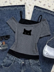 Attitoon Women's Casual Retro Black Cat Peeping Print Contrast Color Short Sleeve T-Shirt, Suitable For Summer - Multicolor - View 7