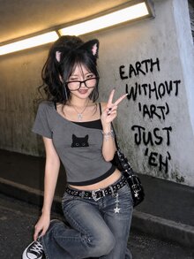 Attitoon Women's Casual Retro Black Cat Peeping Print Contrast Color Short Sleeve T-Shirt, Suitable For Summer - Multicolor - View 6