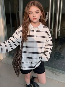 SHEIN Teen Girls Striped Oversized Polo Shirt Collared Long Sleeve Drop Shoulder Tee Preppy Aesthetic Top - Multicolor - View 3