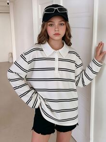 SHEIN Teen Girls Striped Oversized Polo Shirt Collared Long Sleeve Drop Shoulder Tee Preppy Aesthetic Top - Multicolor - View 4