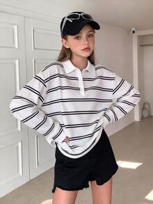 SHEIN Teen Girls Striped Oversized Polo Shirt Collared Long Sleeve Drop Shoulder Tee Preppy Aesthetic Top - Multicolor - View 1