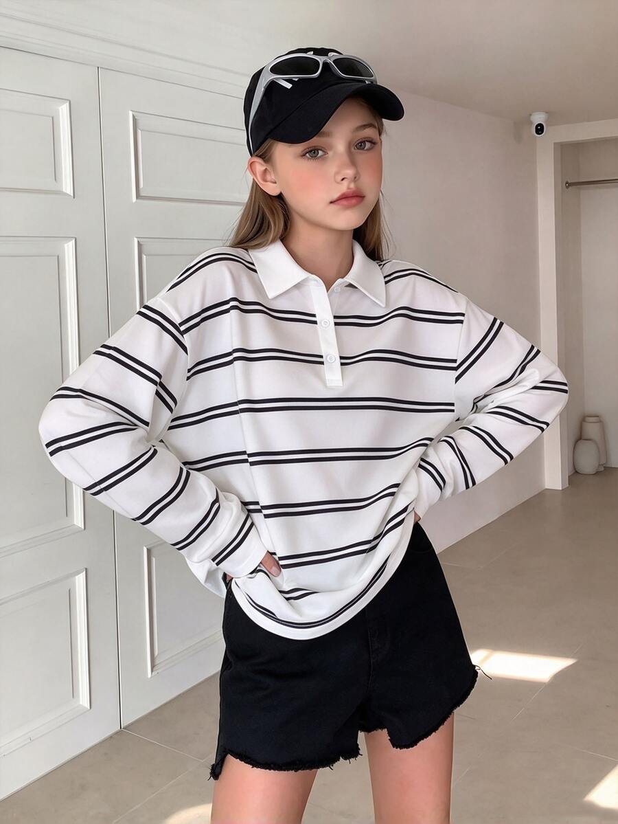 SHEIN Teen Girls Striped Oversized Polo Shirt Collared Long Sleeve Drop Shoulder Tee Preppy Aesthetic Top - Multicolor - View 1