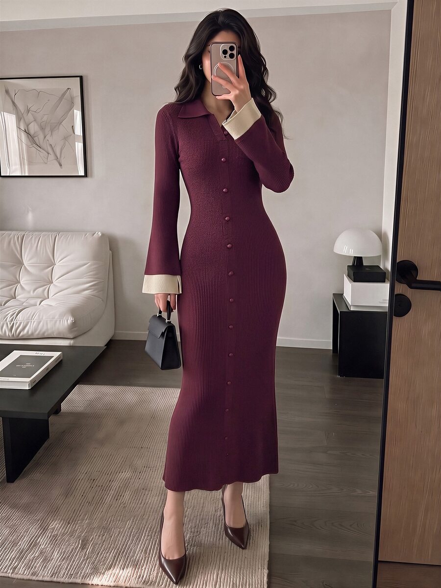 Modelyn Women's Colorblock Casual Elegant Everyday Knit Dress Work Fall - Burgundy - View 1