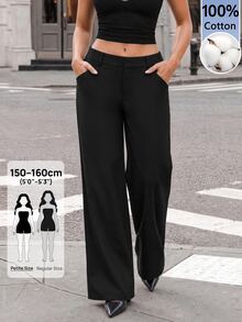 SHEIN PETITE Low Waist Casual Solid Color Pants, Fashion Suitable For Summer,Cargo Pants,100% Cotton,Petite Women - Black - View 9