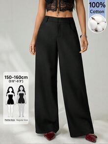 SHEIN PETITE Low Waist Casual Solid Color Pants, Fashion Suitable For Summer,Cargo Pants,100% Cotton,Petite Women - Black - View 1