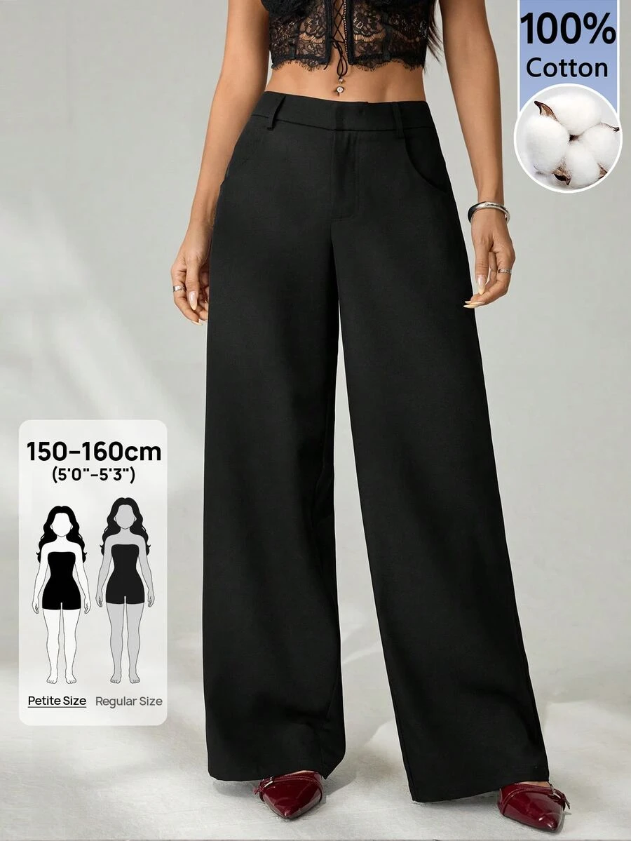 SHEIN PETITE Low Waist Casual Solid Color Pants, Fashion Suitable For Summer,Cargo Pants,100% Cotton,Petite Women - Black - View 1