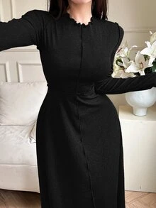 Feyla Women Solid Color Round Neck Casual Versatile Long Sleeve Dress - Black - View 3
