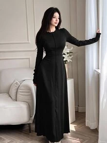 Feyla Women Solid Color Round Neck Casual Versatile Long Sleeve Dress - Black - View 2