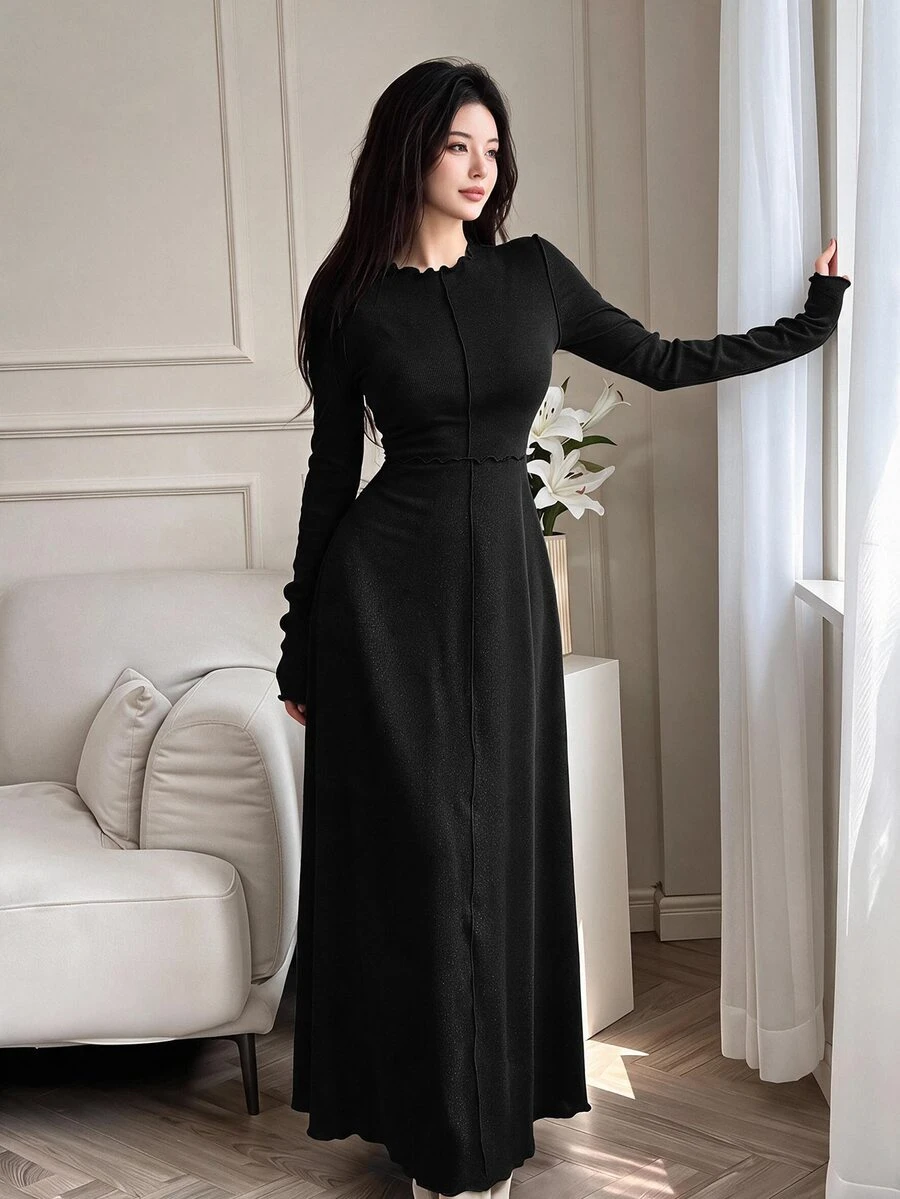 Feyla Women Solid Color Round Neck Casual Versatile Long Sleeve Dress