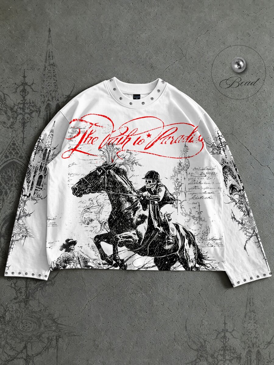 ROMWE MEN 2026 New Oversized T-Shirt Spring/Autumn Watermark Skull Horse Riding Casual Preppy Style Men's T-Shirt - White - View 1