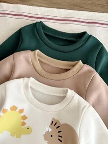 SHEIN 3件組 幼兒男童/男嬰運動衫長褲套裝 可愛甜美 綠色米色奶油色 恐龍印花 長袖圓領 常規款 假日秋季 動物卡通 - 綠色 - 查看 5