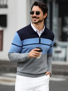 Marcello Vane 男士秋冬條紋半開襟拉鍊長袖針織衫，Ins風，華麗派對，街頭成熟，寬鬆版型，正式，老錢風 - 彩色 - 查看 5