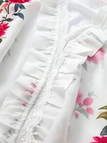 SHEIN LUNE CURVE 大尺碼浪漫深V領蕾絲飾邊花卉印花上衣 - 紫色 - 查看 7