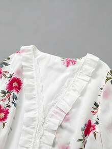 SHEIN LUNE CURVE 大尺碼浪漫深V領蕾絲飾邊花卉印花上衣 - 紫色 - 查看 6