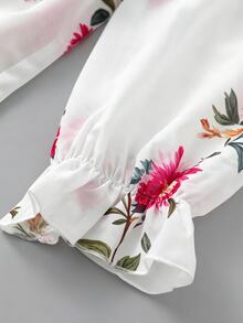 SHEIN LUNE CURVE 大尺碼浪漫深V領蕾絲飾邊花卉印花上衣 - 紫色 - 查看 4