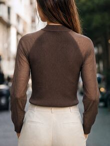 SHEIN Women's Autumn Thin Hollow Knit Top Slim Fit Elegant Solid Color Inner Layer Round Neck Sweater - Brown - View 2