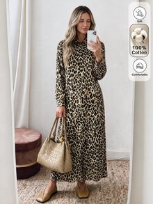 SHEIN LUNE Women's New Autumn/Winter Leopard Print Shirt Dress - Multicolor - View 5