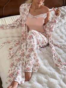 CottageSlumber 3pcs Floral Print Robe Set: Jacket, Camisole With Bow Tie, And Romantic Print Pants Cute Lounge Set Women Summer Sets Pajama Pants - Multicolor - View 4