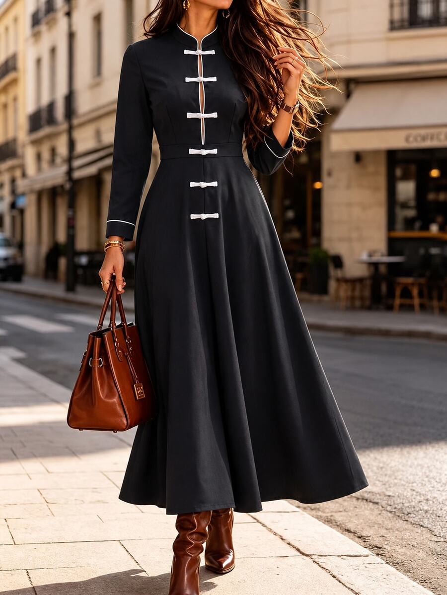 SHEIN Women's Long Colorblock Dress With Frog Buttons, Minimalist Retro Elegant Commuter And Date Dinner Party Outfit For Fall/ Black And White - Black - View 1