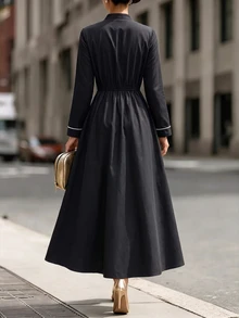 SHEIN Women's Long Colorblock Dress With Frog Buttons, Minimalist Retro Elegant Commuter And Date Dinner Party Outfit For Fall/ Black And White - Black - View 2