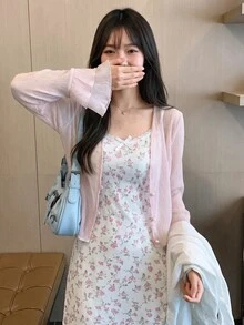 K-Vae 女士轻薄透气纹理短款珍珠纽扣开衫，夏季必备 - 粉色 - 查看 4