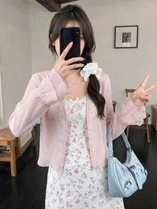 K-Vae 女士轻薄透气纹理短款珍珠纽扣开衫，夏季必备 - 粉色 - 查看 1