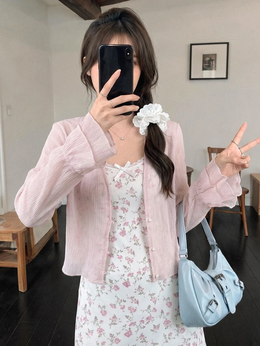 K-Vae 女士轻薄透气纹理短款珍珠纽扣开衫,夏季必备 - 粉色 - 查看 1
