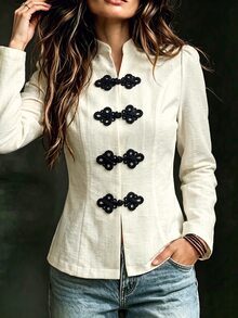 SHEIN Women's Chinese Style Blouse With Off-White Frog Buttons, Minimalist Retro Elegant Commute And Party Brunch Tea Party Wear For Fall/ - Apricot - View 4
