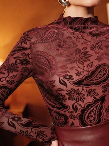 Anewsta Autumn/Winter New Burgundy Velvet Burnout Paisley Flower Stand Collar Long Sleeve Base Layer - Burgundy - View 2