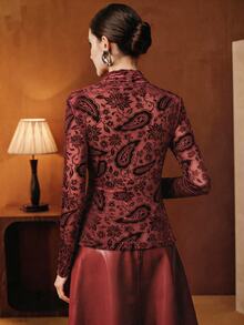Anewsta Autumn/Winter New Burgundy Velvet Burnout Paisley Flower Stand Collar Long Sleeve Base Layer - Burgundy - View 7