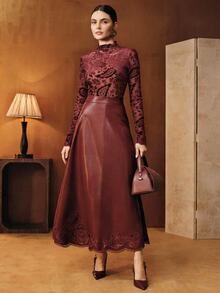 Anewsta Autumn/Winter New Burgundy Velvet Burnout Paisley Flower Stand Collar Long Sleeve Base Layer - Burgundy - View 6