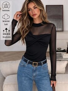 Elyressa Women's New Elegant Mesh Patchwork Twisted Long Sleeve T-Shirt - Black - View 1