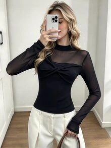Elyressa Women's New Elegant Mesh Patchwork Twisted Long Sleeve T-Shirt - Black - View 7