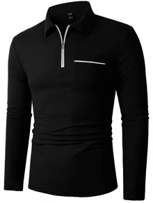 Manfinity Homme 男士休閒拉鍊長袖 Polo 衫，淺米色，秋季，休閒正裝，登山，秋季拉鍊米色上衣，戶外活動，旅行，送給丈夫的禮物，正式 - 黑色 - 查看 3