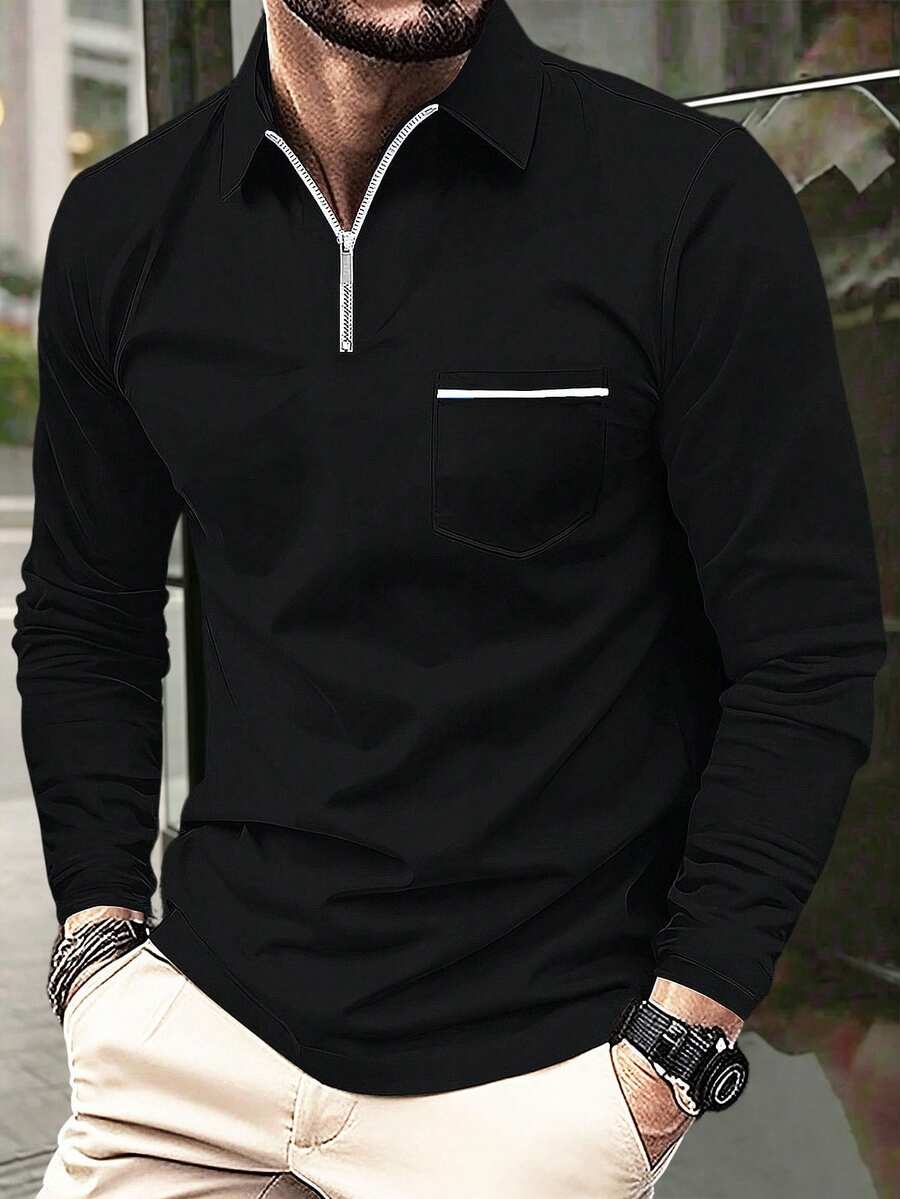 Manfinity Homme 男士休閒拉鍊長袖 Polo 衫,淺米色,秋季,休閒正裝,登山,秋季拉鍊米色上衣,戶外活動,旅行,送給丈夫的禮物,正式 - 黑色 - 查看 1