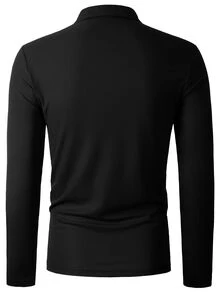 Manfinity Homme 男士休閒拉鍊長袖 Polo 衫，淺米色，秋季，休閒正裝，登山，秋季拉鍊米色上衣，戶外活動，旅行，送給丈夫的禮物，正式 - 黑色 - 查看 2