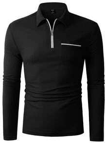Manfinity Homme 男士休閒拉鍊長袖 Polo 衫，淺米色，秋季，休閒正裝，登山，秋季拉鍊米色上衣，戶外活動，旅行，送給丈夫的禮物，正式 - 黑色 - 查看 5
