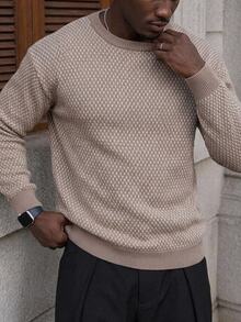 Marcello Vane Men's All-Over Print Daily Wear Long Sleeve Sweater, Ins Style, Glamorous Party, Street Mature, Loose Fit Sweater Autumn, Formal, Old Money, Brown - Camel - View 2