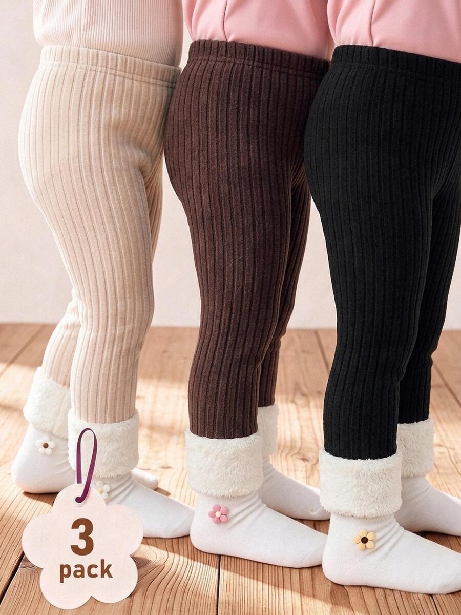 SHEIN Genkimix Kids 女童 3 件組純色彈性腰緊身褲套裝,秋季穿著、聖誕派對,棕色、黑色緊身褲,女孩熱門款緊身褲 - 彩色 - 查看 1