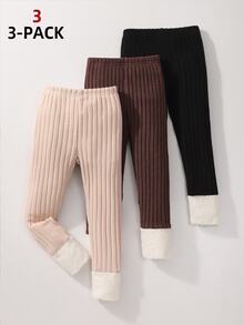 SHEIN Genkimix Kids 女童 3 件組純色彈性腰緊身褲套裝，秋季穿著、聖誕派對，棕色、黑色緊身褲，女孩熱門款緊身褲 - 彩色 - 查看 4