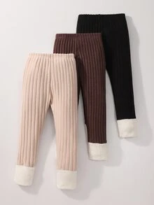 SHEIN Genkimix Kids 女童 3 件組純色彈性腰緊身褲套裝，秋季穿著、聖誕派對，棕色、黑色緊身褲，女孩熱門款緊身褲 - 彩色 - 查看 2