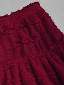 Sweetra Women Simple Solid Color Casual Ruffle Hem Skirt Y2K   Burgundy Mini Short Women - Burgundy - View 5