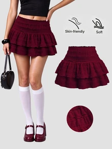 Sweetra Women Simple Solid Color Casual Ruffle Hem Skirt Y2K   Burgundy Mini Short Women - Burgundy - View 3