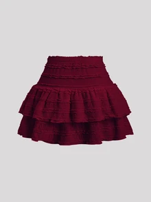Sweetra Women Simple Solid Color Casual Ruffle Hem Skirt Y2K   Burgundy Mini Short Women - Burgundy - View 2